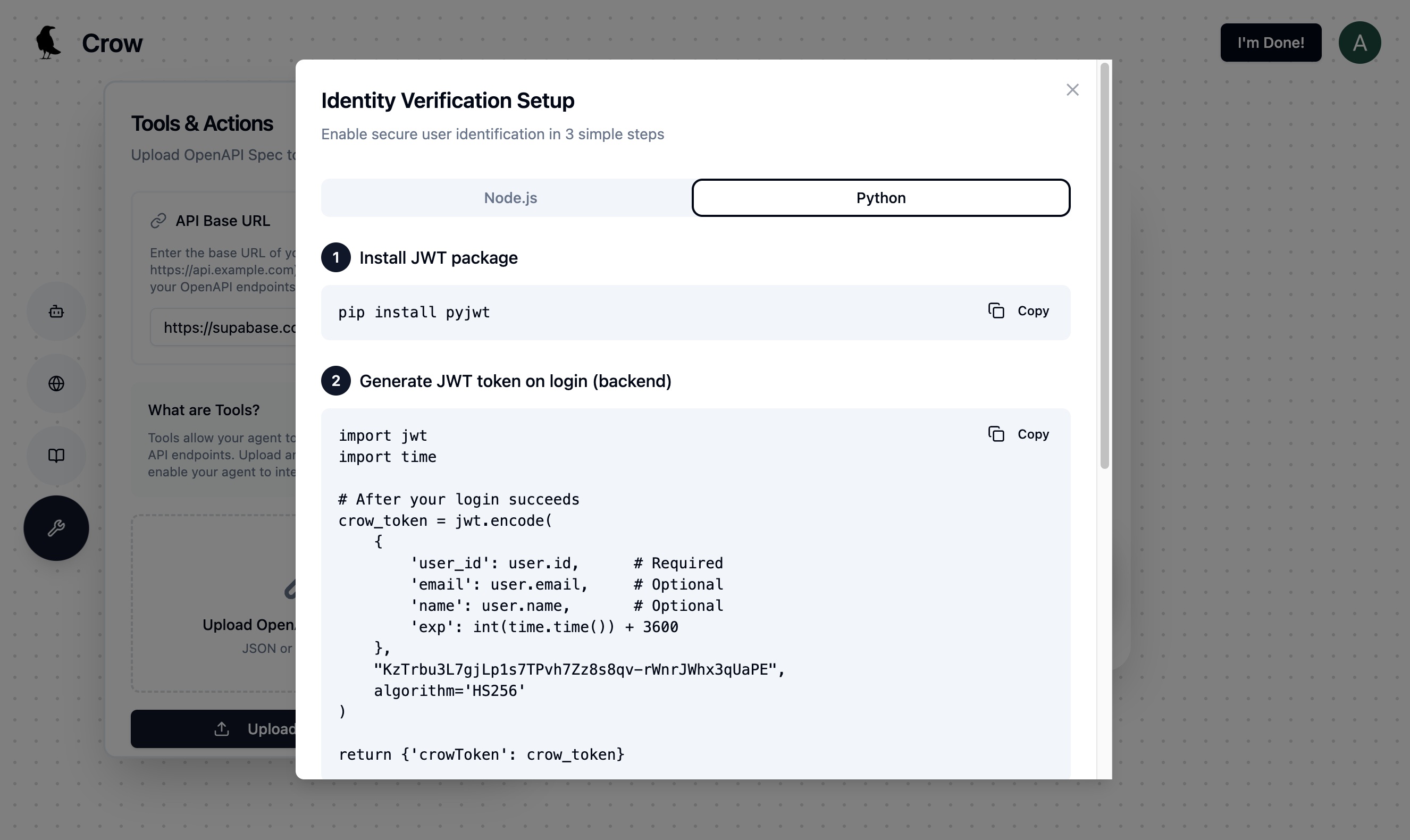 Step 6: Allow Crow to take actions on your app, on behalf of your users